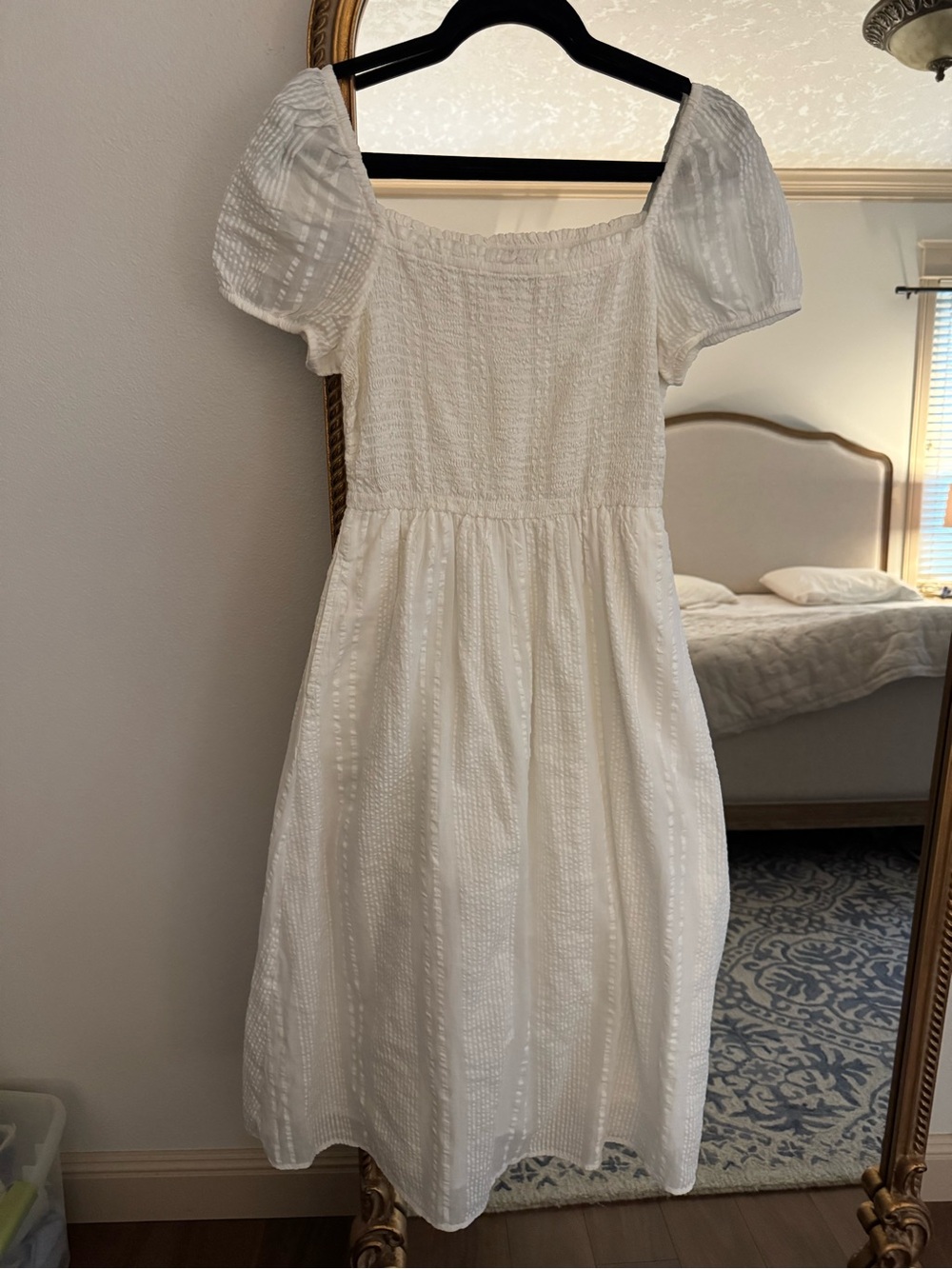 LOFT White Puff-Sleeve Smocked Midi Dress